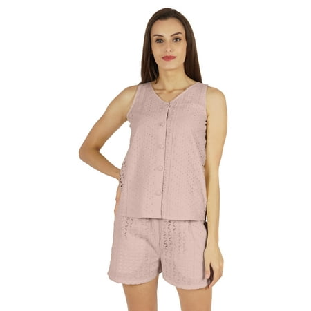

Bimba Sexy Schiffli Nightwear Set For Womens 2 Pcs Summer V-Neck Sleeveless Loungewear