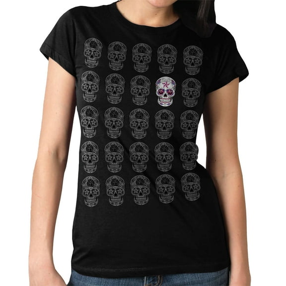 Hot Leathers GLR1519 Sugar Skull Pattern Ladies Full Cut Black T-Shirt 2X-Large