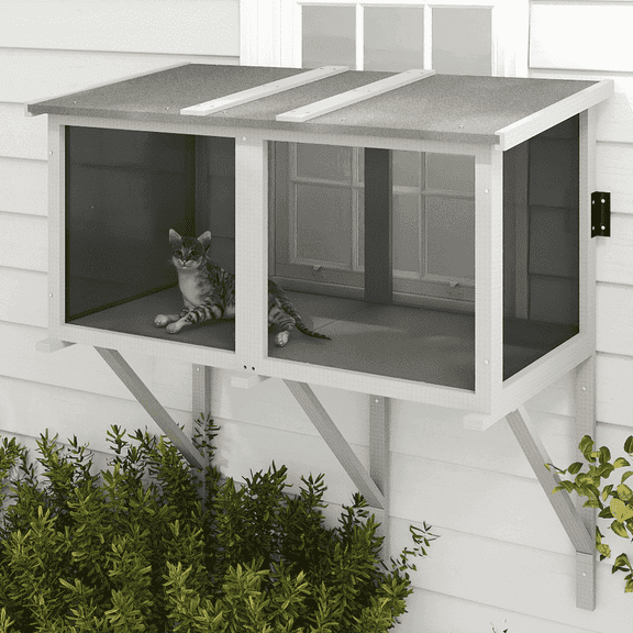 PETSCOSSET Outdoor Window Catio Enclosure with Mesh, Wooden Small Pet Perch House Hammock, All-Weather Design