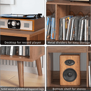 Oubayajia Record Player Stand, Vinyl Record Storage Cabinet with Charging Station & USB Ports, Mid-Century Turntable Stand Table Holds Up to 300 Albums Living Room Bedroom Office, Walnut