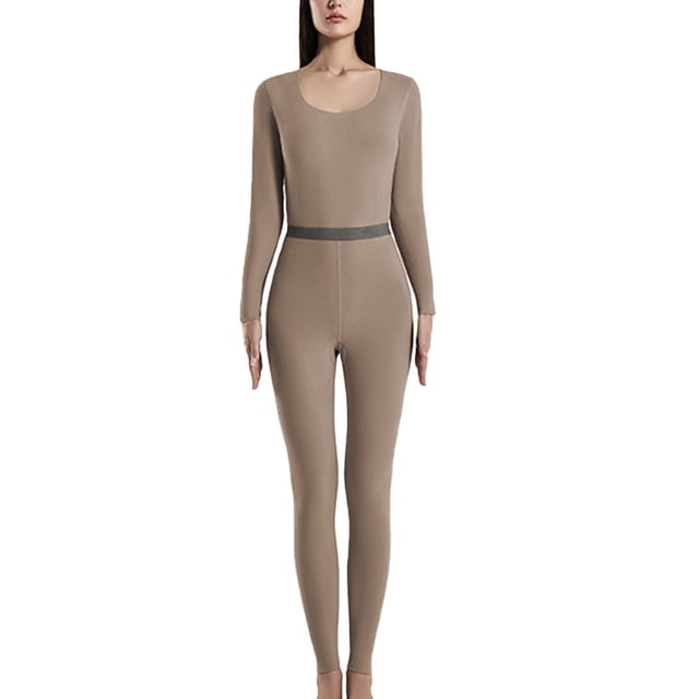 Conjunto de pijama de capa base con forro polar para mujer, ropa interior térmica para clima frío, color moca
