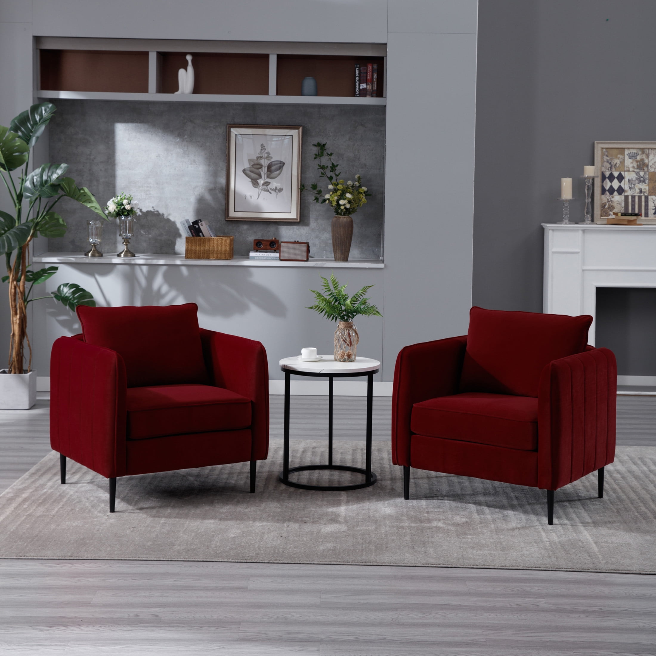 Noble House Mid-Century Modern Velvet Upholstered Accent Chair with Pillow, Metal Legs, Wine Red