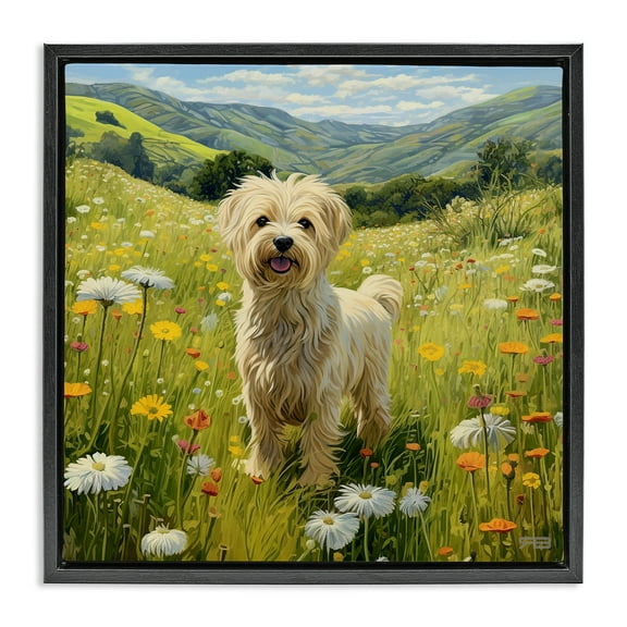 Stupell Industries Terrier Dog Rural Meadow Landscape Painting Black Floater Framed Canvas Art Print Wall Art, 18 x 18