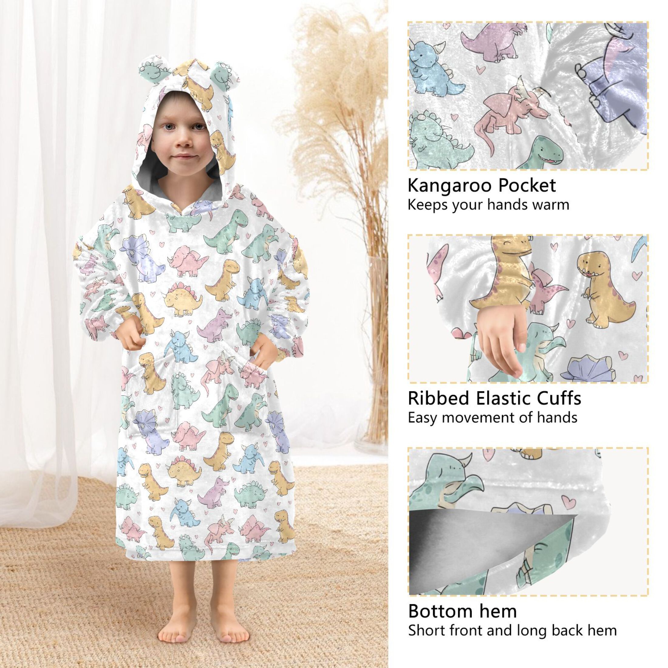 Wearable Blanket Hoodie for Kids Cute Cartoon Dinosaur Flannel Hooded Blanket with Pockets and Sleeves Suitable for Boys and Girls
