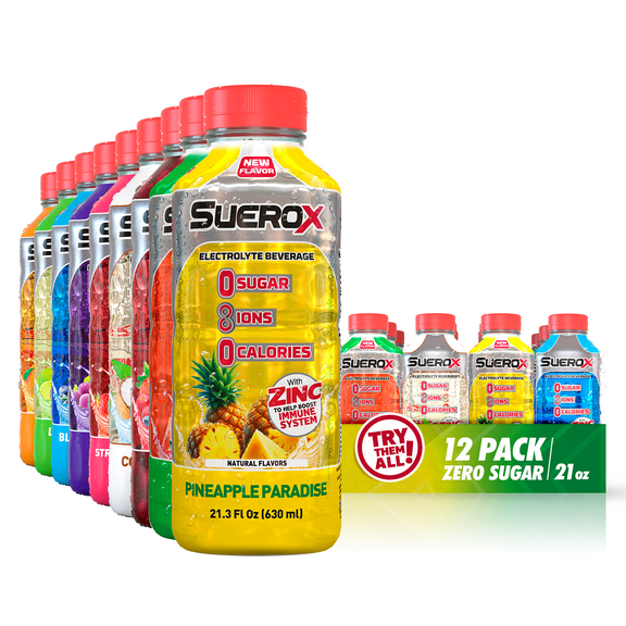 SueroX Sugar-Free Electrolyte Drink, Hydration & Recovery, Supreme Pack, 21.3 Fl Oz, 12 Ct