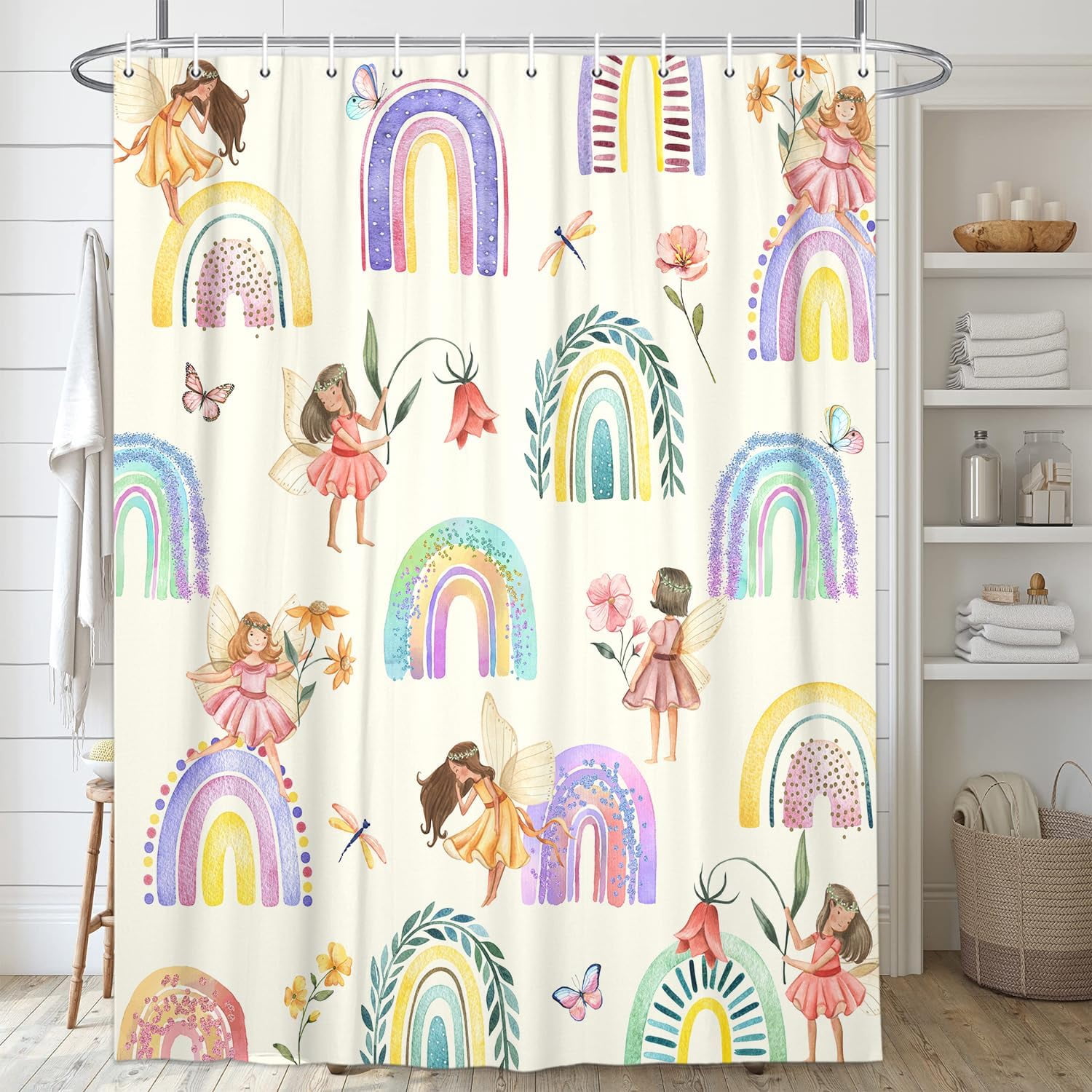 Kids Shower Curtain, Boho Rainbow Shower Curtain Set for Baby Girls Bathroom, Cute Modern Toddler Fairy Fabric Shower Curtain Restroom Bathtub Decor Accessories with Hooks 72X 72 inch