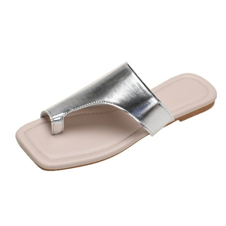 OJSFQUFP Sandals for Women Retro Ladies Beach Slip On Casual Open Toe Non Slip Flat Breathable Slippers Shoes Sandals Comfy Slippers for Women Silver 40