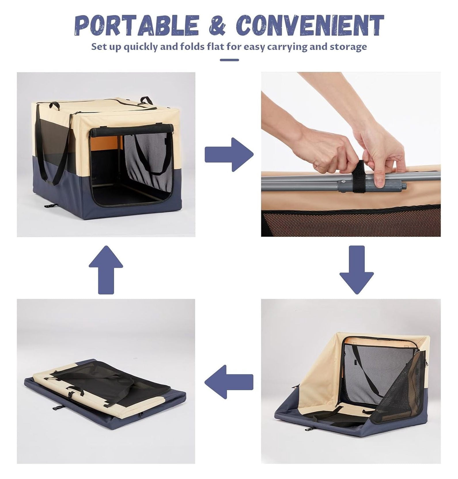 30" Soft Portable Dog Crate – Patented Spiral Sturdy Frame, Collapsible Travel Kennel for Medium Dogs, 3 Mesh Door, Lockable Zippers, Indoor & Car Use Navy Blue