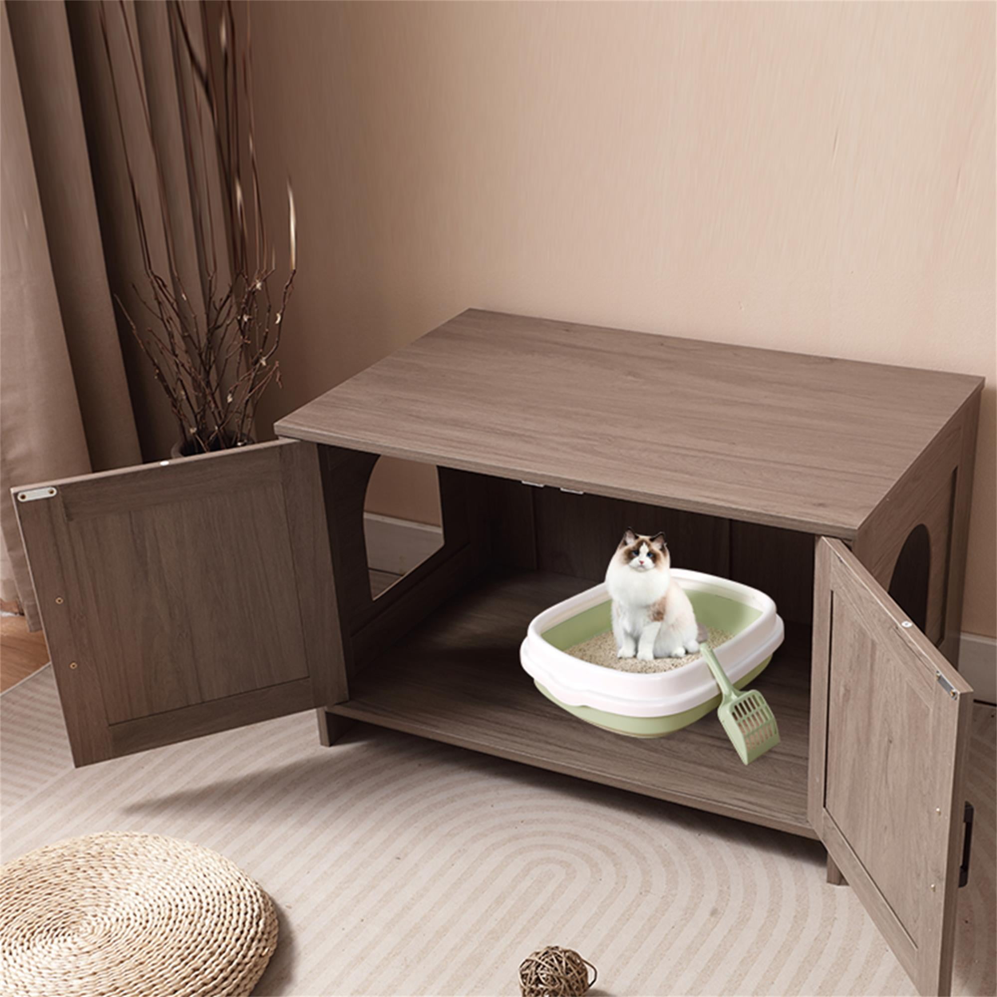 Kadyn 31" Hidden Cat Litter Box Enclosure Furniture with Barn Door, Indoor Cat Washroom, Wooden Enclused Litter Box Cat House, Brown