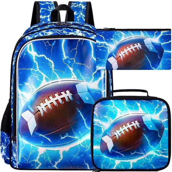 3PCS Kids Rugby Backpack, Boys Lightning Bookbag with Lunch Box, 17" Water Resistant School Bag for Teenagers Elementary Middle