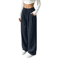 thumbnail image 3 of Womens Casual Wide Leg Pants, Elastic Waist Drawstring Solid Color Loose Trousers with Pockets, Lounge Pants for Work Home Daily Travel Wear | VerBelle,Navy XL, 3 of 8