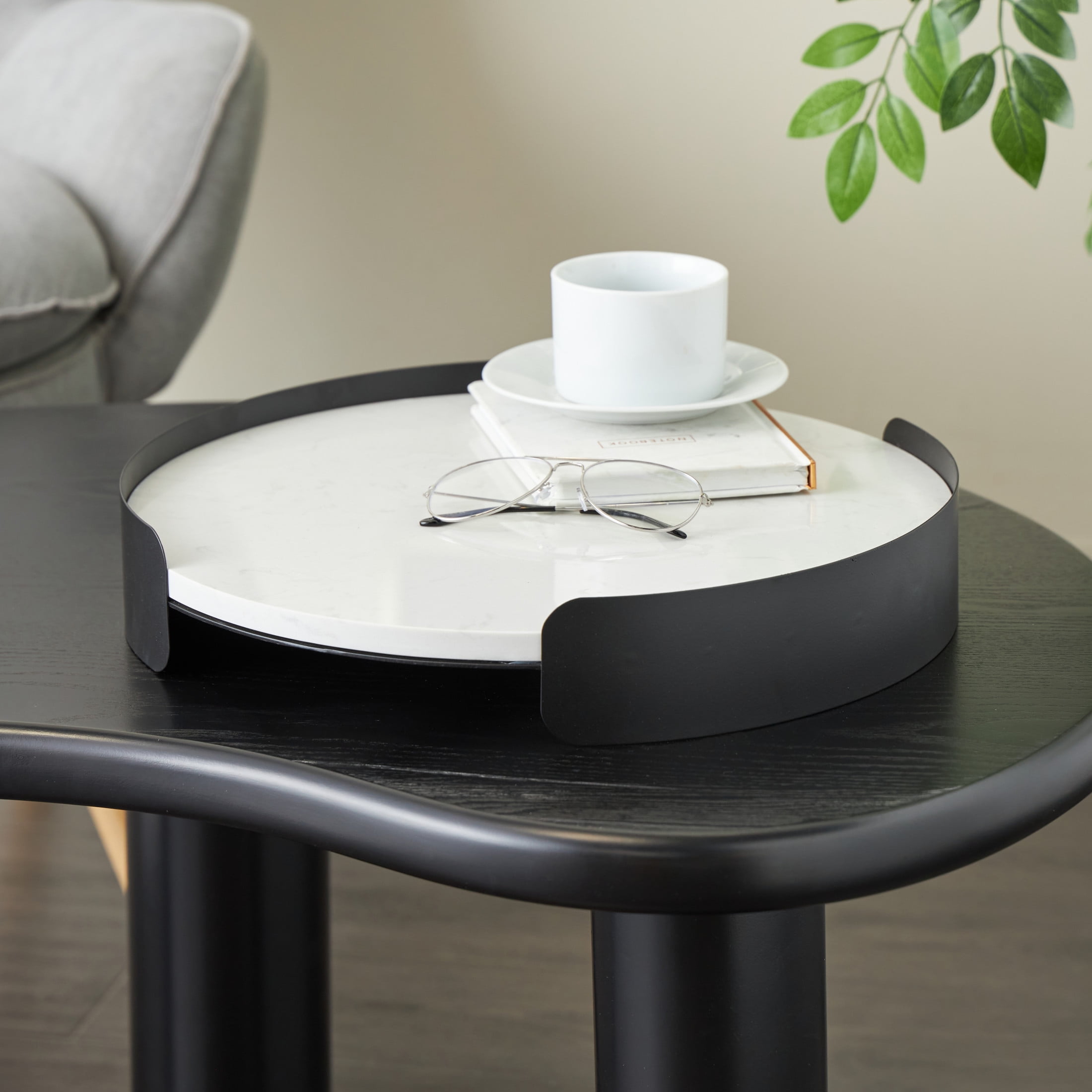 DecMode 16" x 16" White Marble Round Tray with Black Metal Frame, 1-Piece