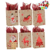 Moyic 24PCS Christmas Gift Bags with Gift Card & Tissue Paper, 5.9 "x3.2 "x8.1" Christmas Brown Paper Bags, Christmas Treat Bags with Handle