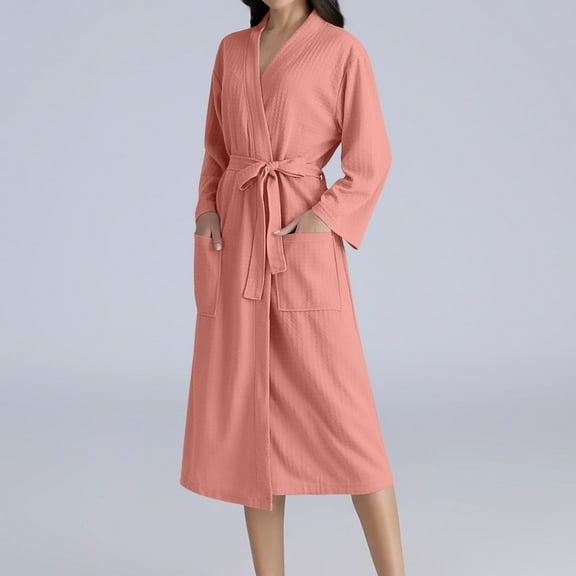 ylioge Waffleknit Robes for Women with Pockets and Belt Long Sleeve Bathrobes Ladies Casual Solid Mid Length Open Front Loungewear Bath Robe Pajamas