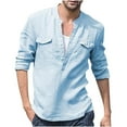 thumbnail image 2 of gbyLJF Mens Casual Shirts Long Sleeve Half Button Down Round Neck Blouse Solid Color Open Front Loose Fit Shirt, 2 of 4