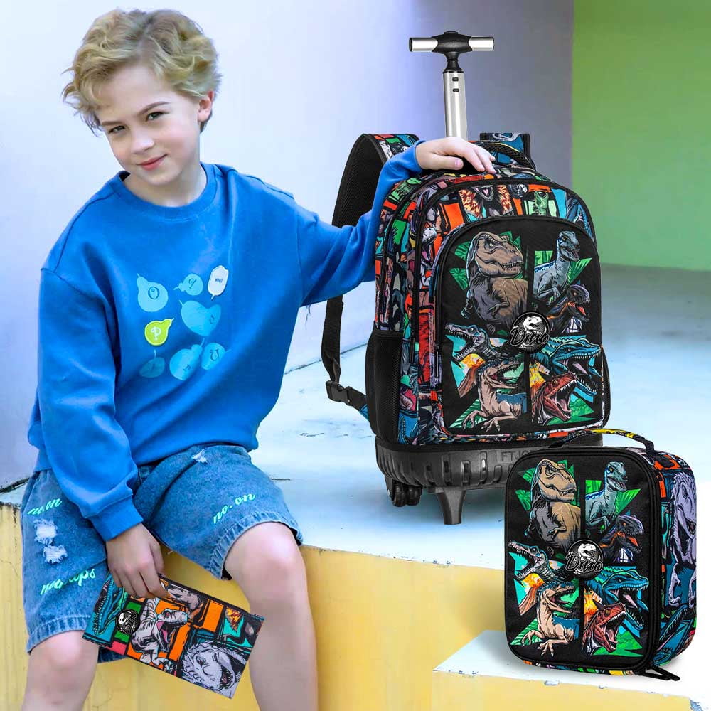 AGSDON 3PCS Rolling Backpack for Men, 21 Inch Water Resistant Dinosaur Backpacks with Roller Wheels, Wheeled Bookbag for Teens Boys Elementary School Travel