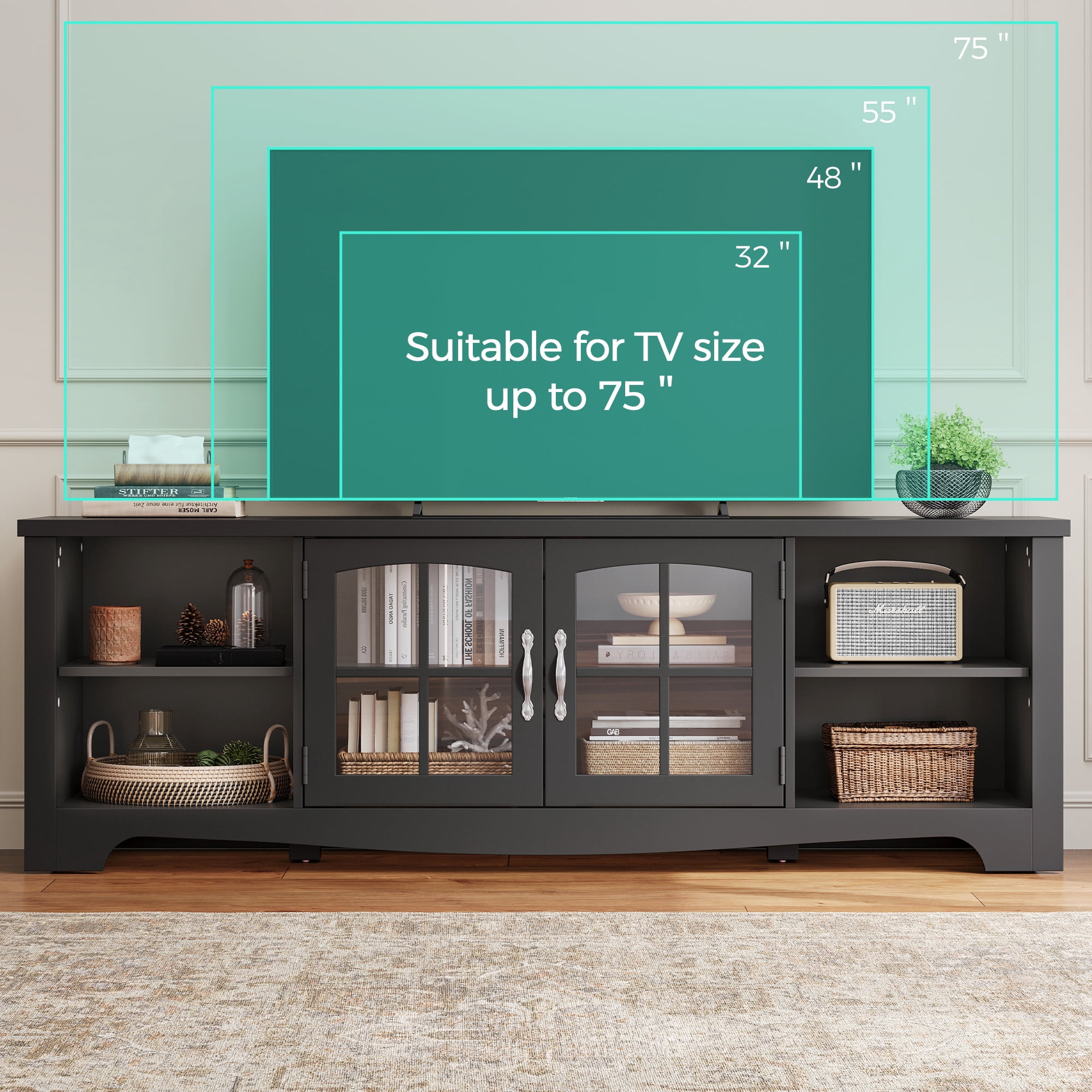 LINSY HOME Modern Farmhouse TV Stand for TVs up to 75", Home Entertainment Center with Storage Cabinet and Adjustable Shelves, Black