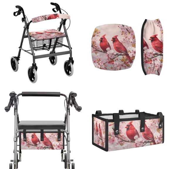 COEQINE Rollator Walker Seat & Backrest Rollbar Covers with Carry Storage Bag 3 Pack Set, Universal Size Decorative Cushion Cover for Women Men Elderly, Cardinal Bird Cherry Blossom