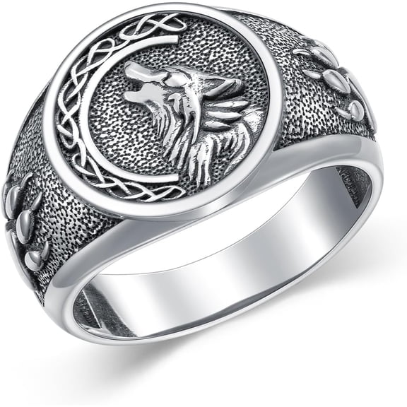 AOBOCO Viking Wolf Signet Ring for Men Size 8/9/10/11/12 In 925 Sterling Silver