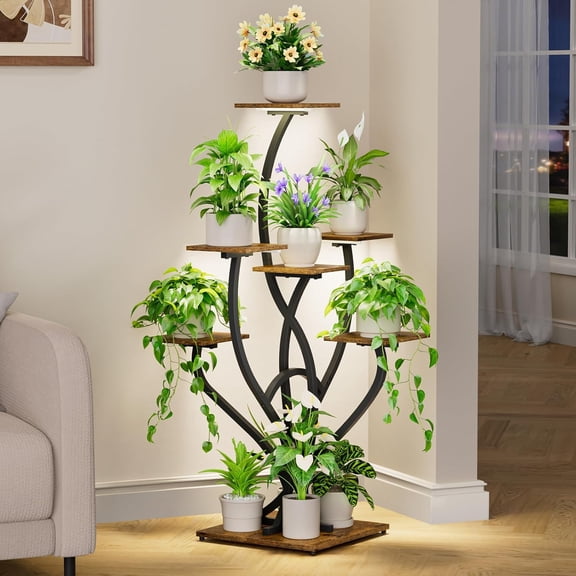 Plant Stand Indoor with Grow Lights - 7 Tiered Corner Plant Shelf Indoor, 49" Large Plant Shelves for Indoor Plants, Bud-Shaped Flower Holder Display Rack for Home, Living Room, Patio Decor, Black