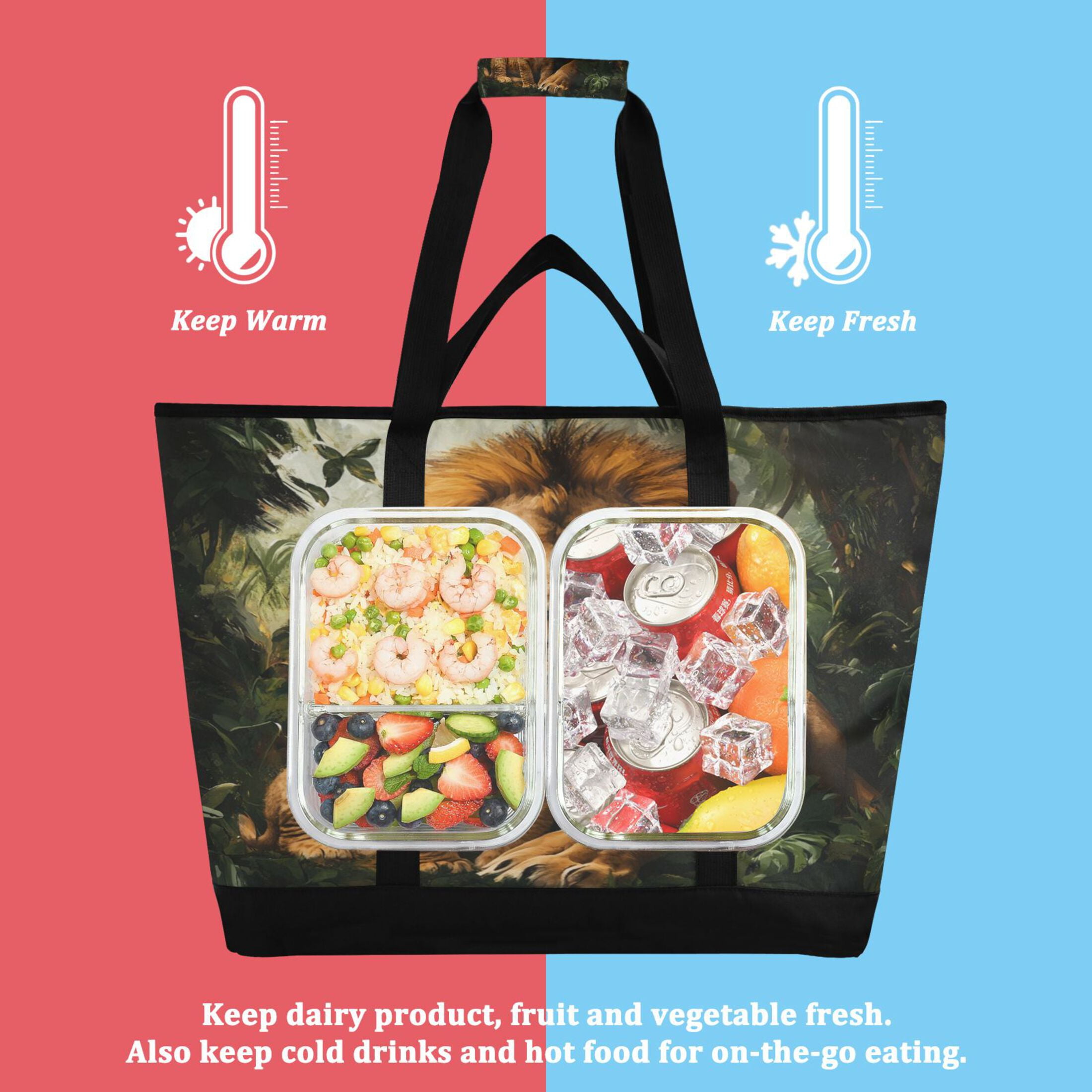 Large Hand-held Ice Pack Picnic Bag Insulation and Refrigeration Suitable for Shopping Picnics and Camping Beautiful Brown Lions