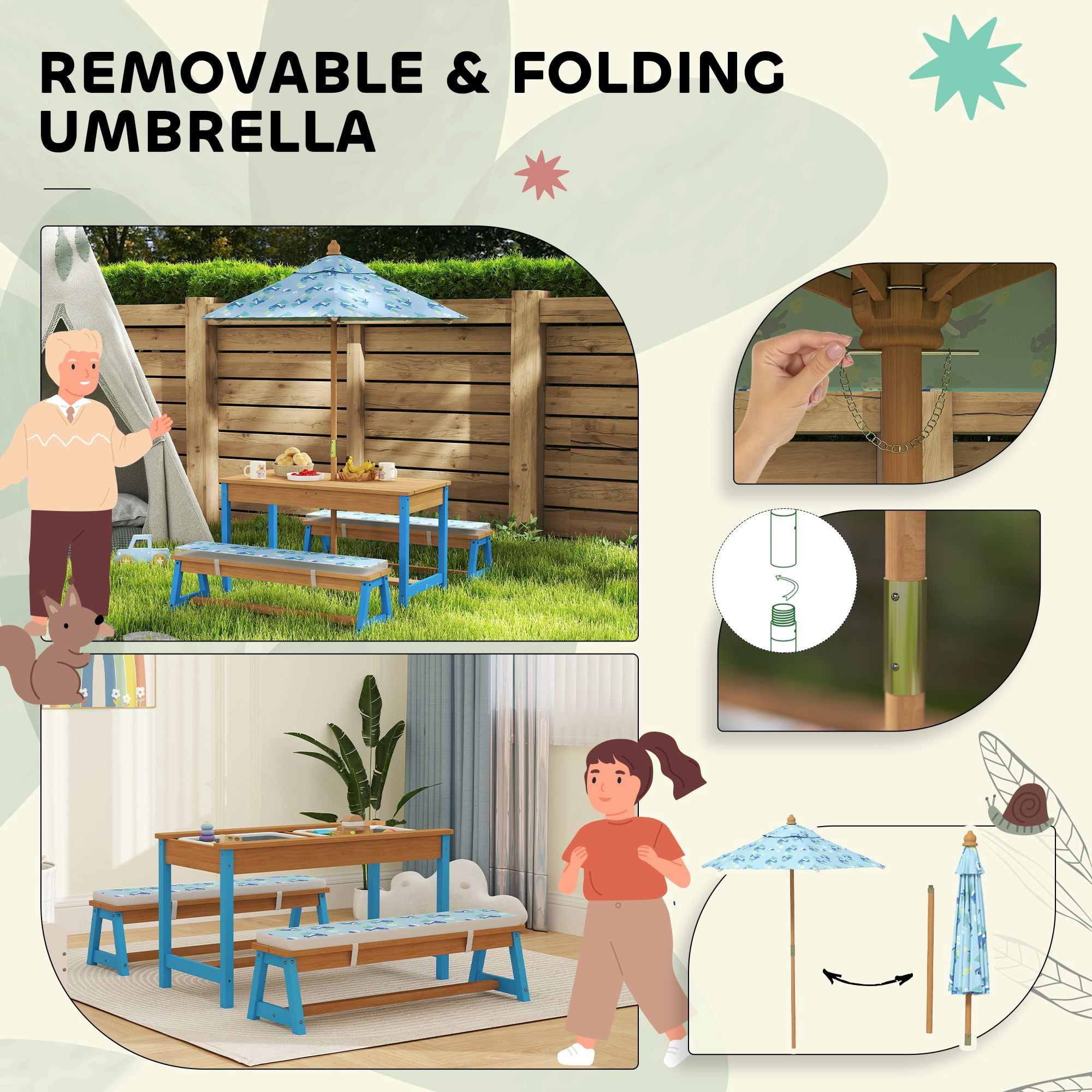 Kids Picnic Table Set with Foldable Umbrella, Removable Cushions & Boxes, Dinosaur Theme, Blue