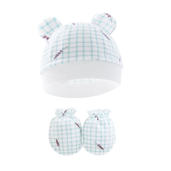 Newborns Baby Hat & Scratches Proof Gloves Set Fashionable Print Headwear Mittens and Bonnet for Boys Girls