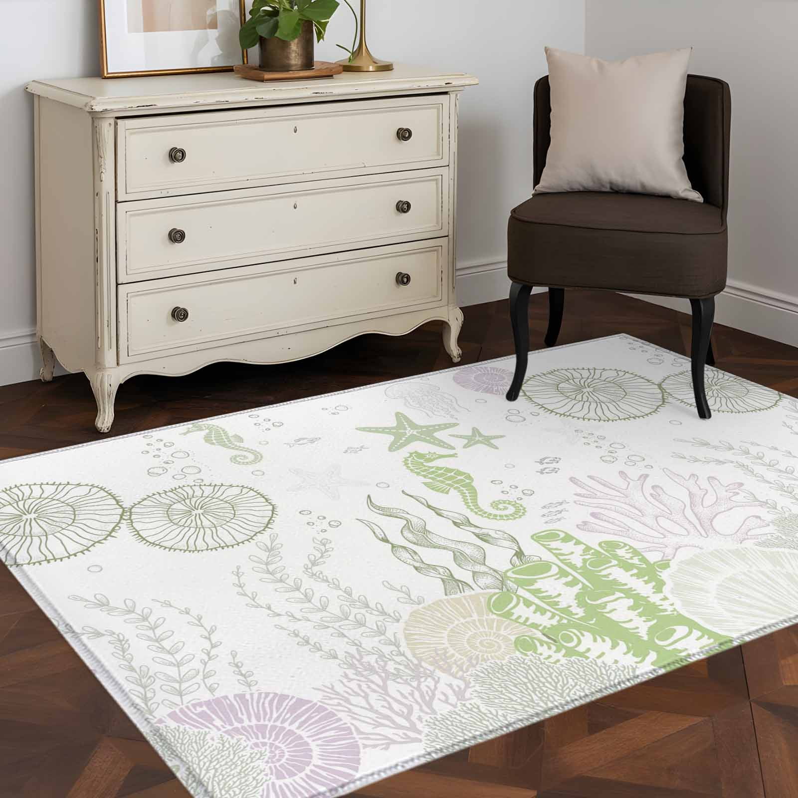 Rectangle Area Rugs 2.7 x 5 Ft, Coastal Sage Green Non-Slip Residential Carpet, Ocean Coral Starfish Jellyfish Indoor Crawling Mats Runner Rugs for Living Room/Dining Room/Bedroom