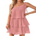 thumbnail image 1 of OUSITAID Femmes Été une Épaule Robe Sans Manches Volants Couches Plissée Mini Robe une Ligne Ourlet Fluide Robe de Plage, 1 of 5