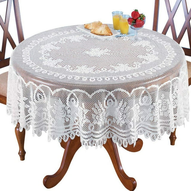Cagogo under $5 Lace Tablecloth, Round Lace Tablecloth 70 Inch, Floral Rose Pattern Table Cover for Dining, Vintage Style Table Cloth for Wedding Party, Machine Washable Polyester Tablecloth