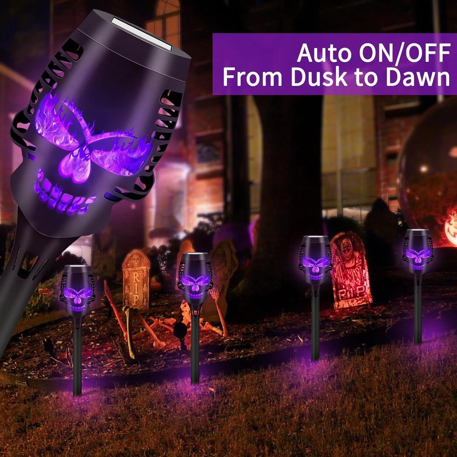 Halloween Solar Torch Lights, 4-Pack Flickering Flame Outdoor Lighting - Waterproof Pathway & Garden Decor, Purple Skull Design