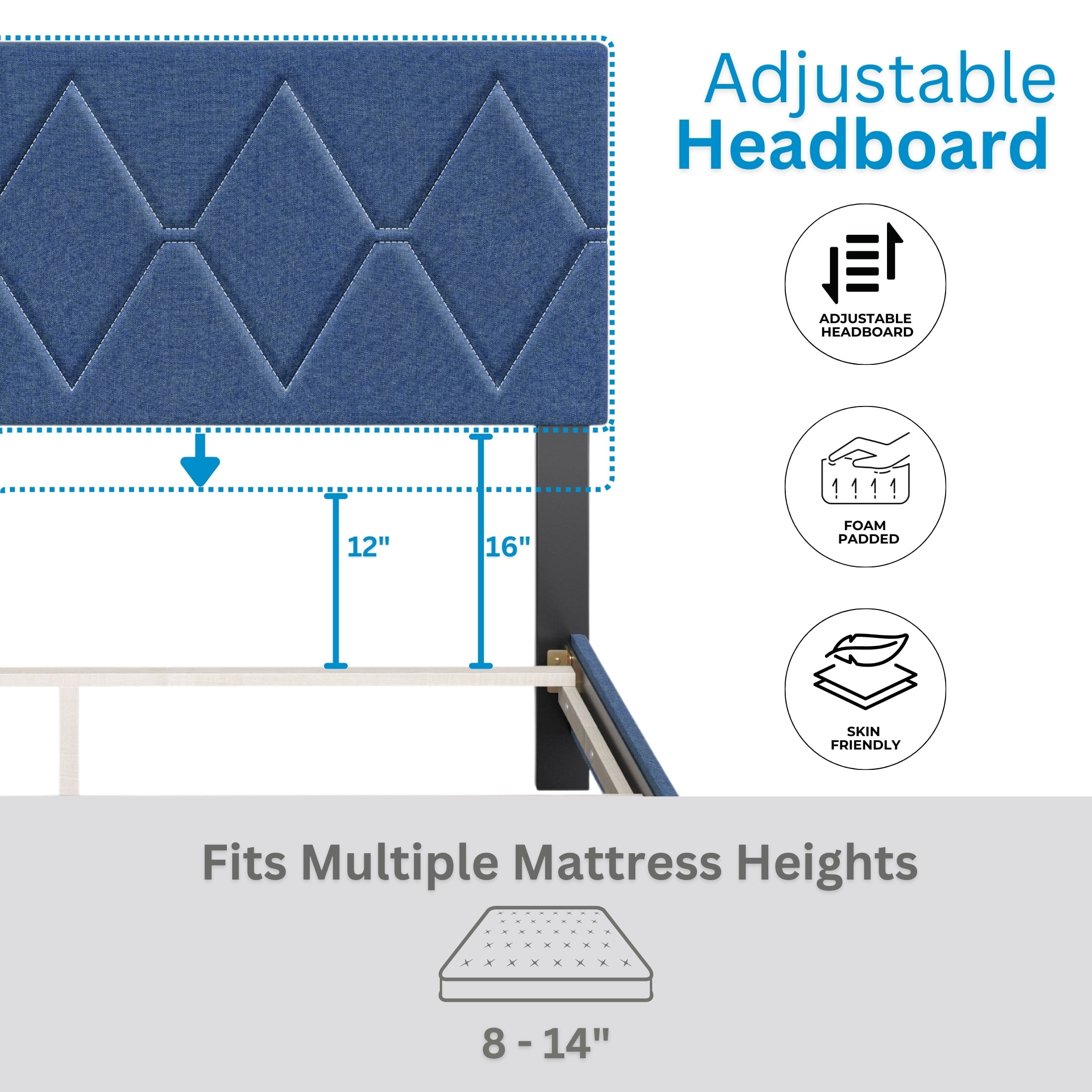 Boyd Sleep Diamond Blue Linen Full Size Fully Upholstered Platform Bed Frame with Adjustable Headboard, Qualified Box Spring or Foundation Required for Use