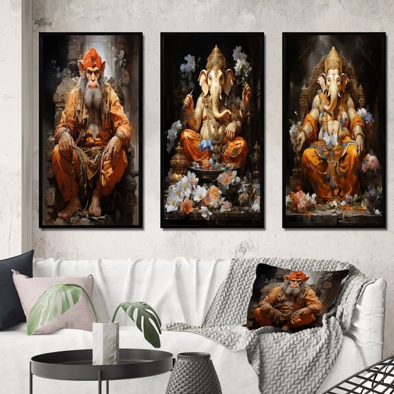 Designart "Hanumans Devotion Hinduisim Art wall decor I" Hinduisim Framed Wall Art Set Of 3 - Orange Hinduism Frame Canvas Set For Living Room Decor