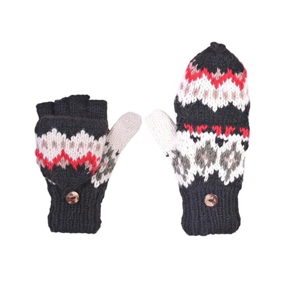 The Collection Royal Fingerless Fleece Lined Hand Knitted Cozy Woolen Fingerless Convertible Mitten Gloves Black