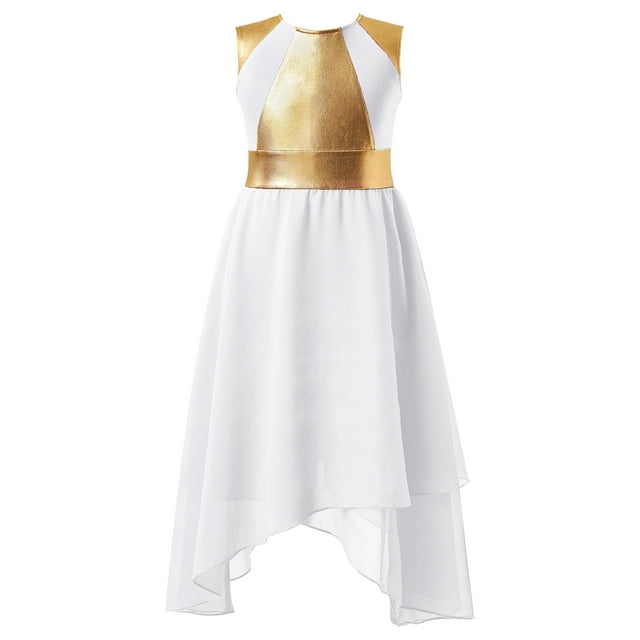 Venjoe Robe de Danse Sans Manches Métallique pour Filles, Ourlet Irrégulier, Blanc 6