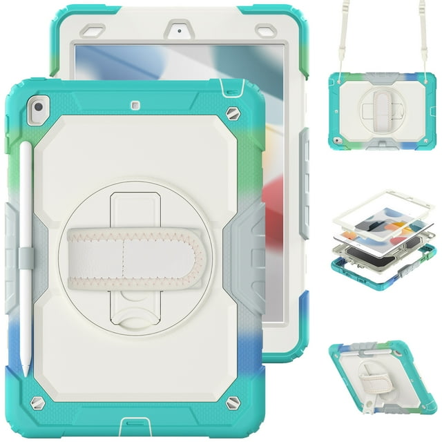 XYX For iPad 9th/8th/7th Generation 10.2 inch Case, 360 Rotating Shockproof Cover with Stand, Screen Protector, Shoulder Strap, Rainbow Blue