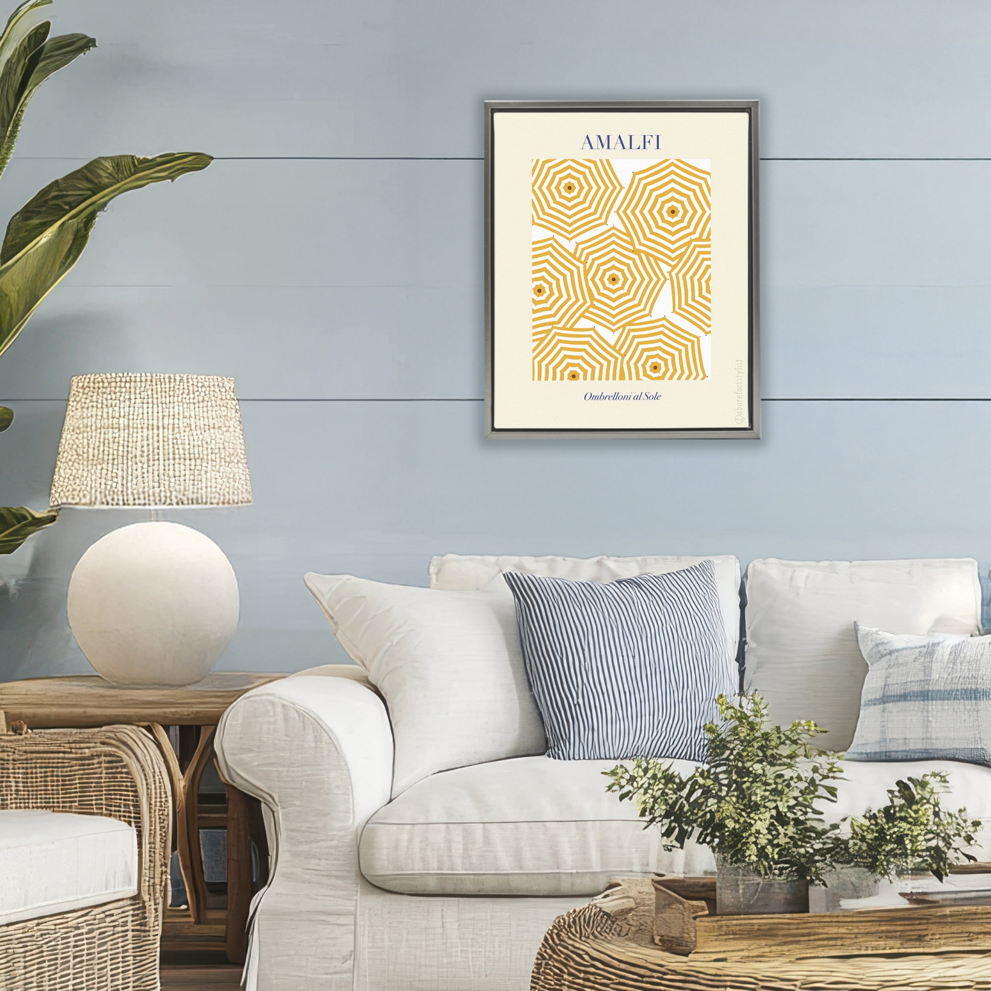 Stupell Industries Yellow Amalfi Umbrellas Gray Framed Floater Canvas Wall Art, design by A Barefoot Stylist