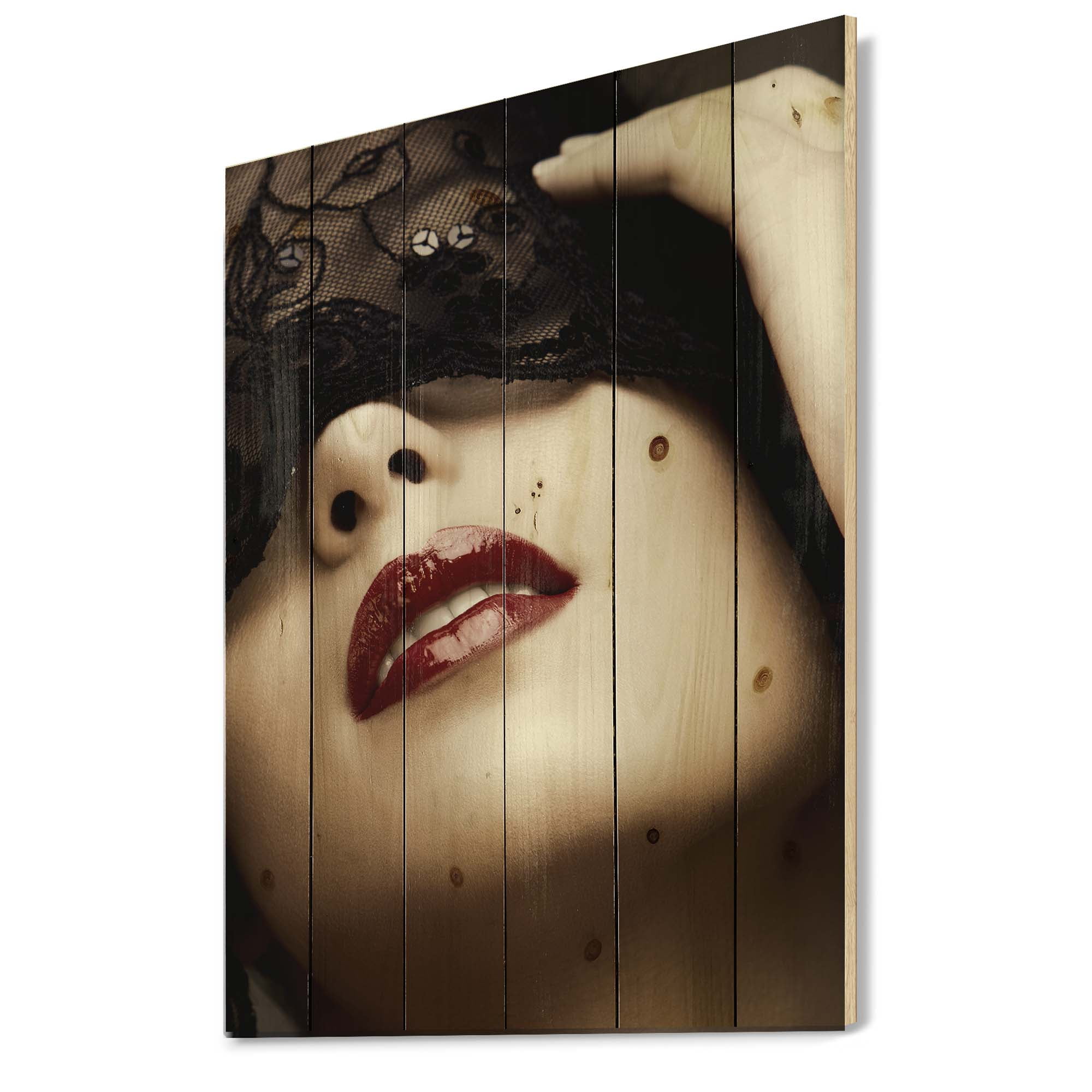Designart 'Portrait Of Modern Girl With Mask' Modern Print on Natural Pine Wood