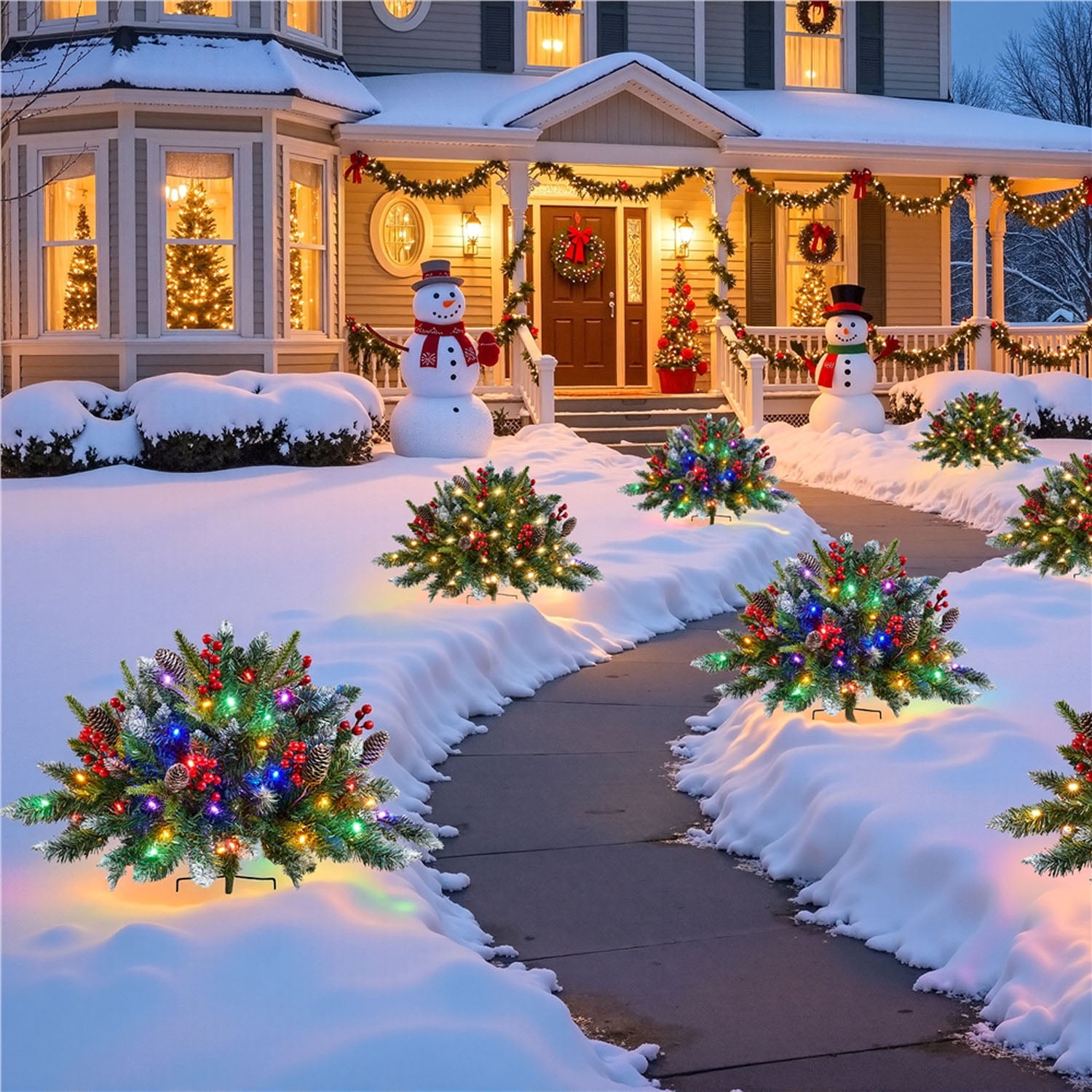 Alden Design Set of 2 Pre-Lit Outdoor Frosted Christmas Trees with LED Lights, Red Berries, Pinecones, Artificial Christmas Trees for Porch, Yard, Green