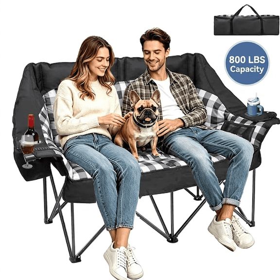DKMOCO Oversized Padded Double Camping Chair Heavy Duty Folding Loveseat Supports up to 800 lb, 2 Person Outdoor Lawn Chair Set for Beach Camp Patio with Cooler Bags and Storage Bag