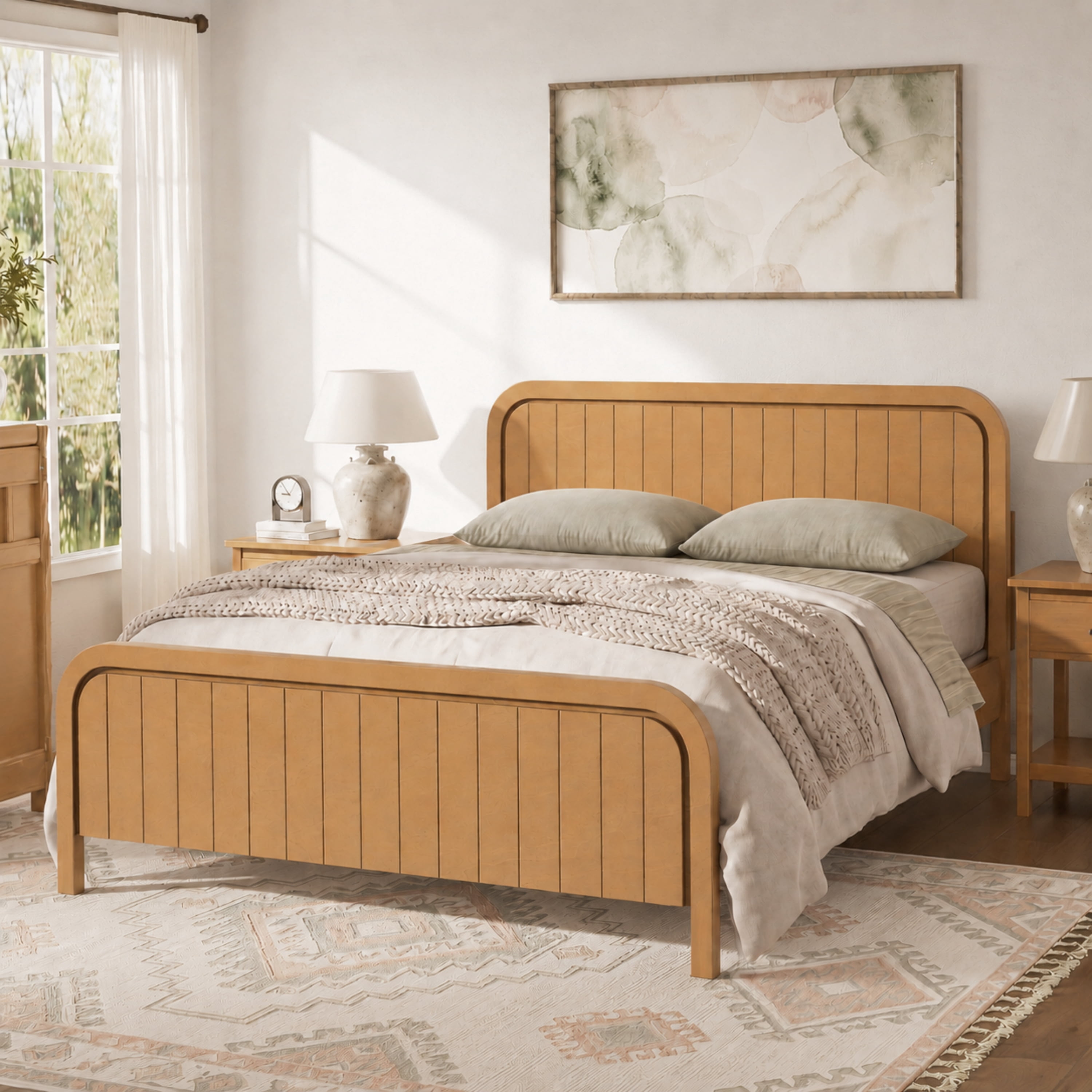 Mintazer Queen Size Platform Bed Frame with Rounded Headboard & Footboard for Bedroom, No Box Spring Needed, Easy Assembly, Natural