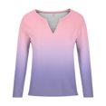 thumbnail image 4 of QUNYINEY Pink Womens T Shirts Long Sleeve Gradient V-Neck Casual Tops Pullover Loose Waffle Drop Shoulder T-Shirts, 4 of 4