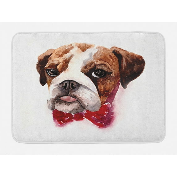 English Bulldog Bath Mat, Watercolor Dog Portrait with a Bow Tie Design Brush Stroke Effect, Non-Slip Plush Mat Bathroom Kitchen Laundry Room Decor, 29.5 X 17.5 Inches, Brown Ruby Black, Ambesonne