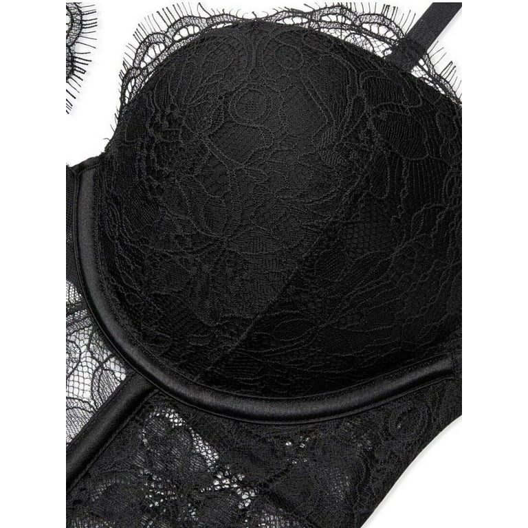 Victoria's Secret 32D BOMBSHELL BRA SET+S GARTER SLIP+TEDDY BLACK floral  lace 