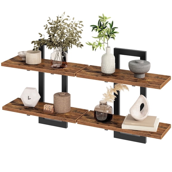 HOOBRO Set of 2 15-Inch 2-Tier Floating Wall Shelves, Rustic Brown and Black