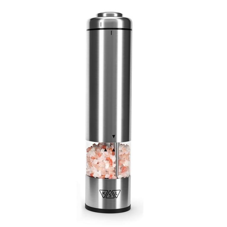 KSL Electric Salt and Pepper Grinder - Battery Operated Auto Mill,  Stainless Steel Automatic Powered Shaker w/ Light 