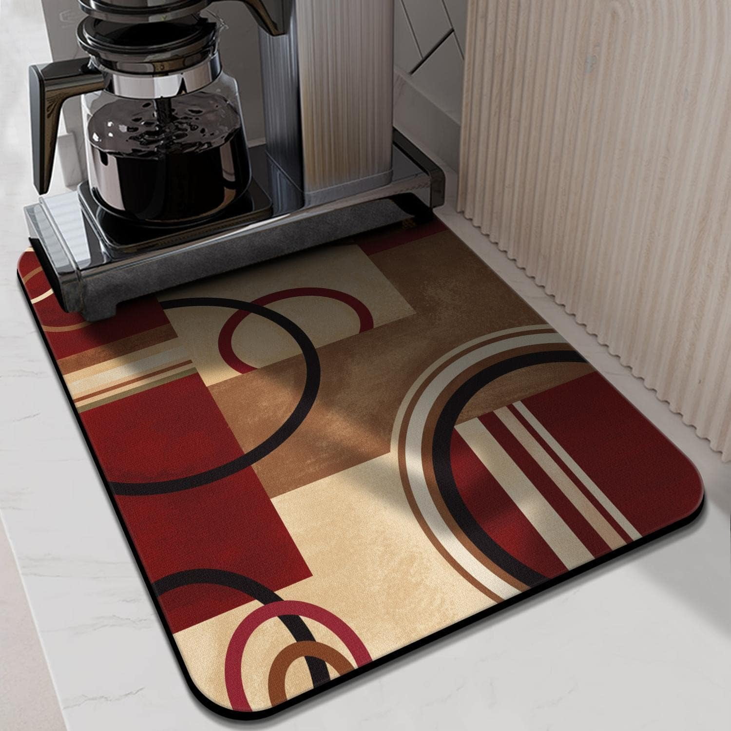 Washable Rubber Abstract Arcs and Shapes Red Dish Drying Mats for Kitchen Counter Home Large Coffee Bar Pad Accessories and Decor for Utensils Stemware 18''''x24''''