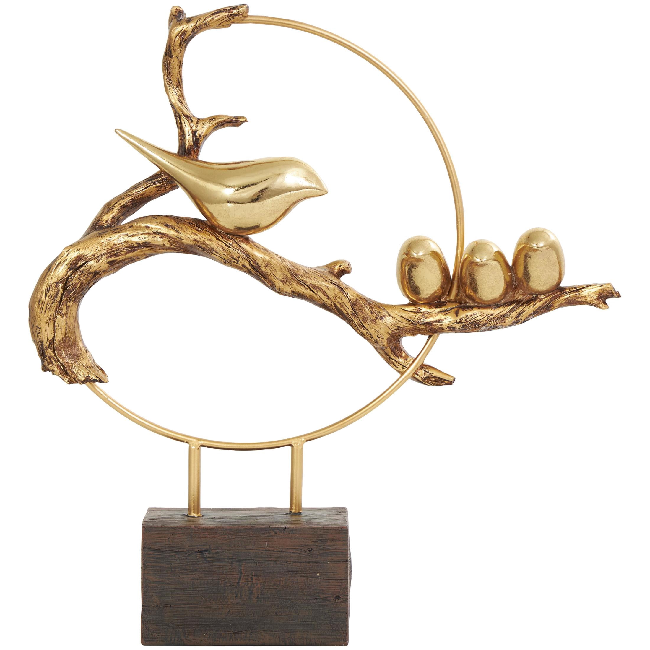 15" x 16" Gold Polystone Family On A Branch Bird Sculpture with Brown Block Base, by DecMode
