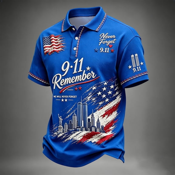 Never Forget 9/11 Polo Shirts for Men American Flag Shirts Turn Down Collared Short Sleeve T-Shirts Courage Patriotic Hope 9-11 Memorial Golf Shirts