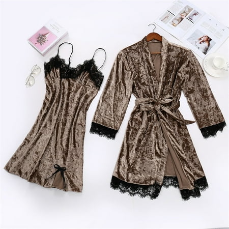 

MPWEGNP Women s Sexy Pajamas Lace Velvet Solid Color Lace Two-Piece Pajamas Nightdress Underwear Sleepwear